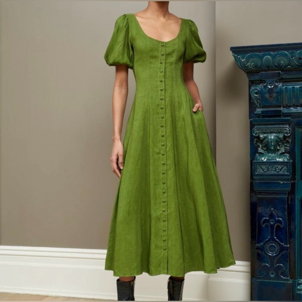 La Ligne Francesca Verdant Palm Green Puff Sleeve Midi Dress Size Medium NWT